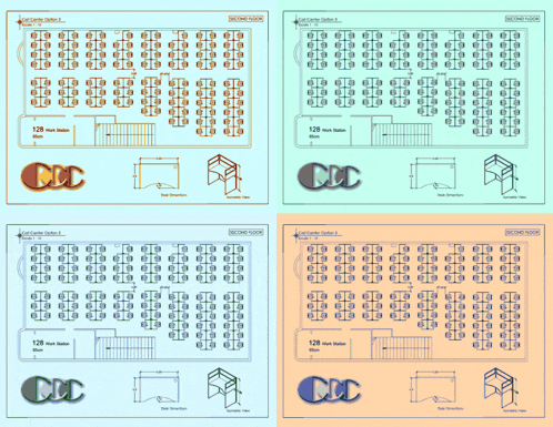 four drawings of a building with the letters cdc on the bottom