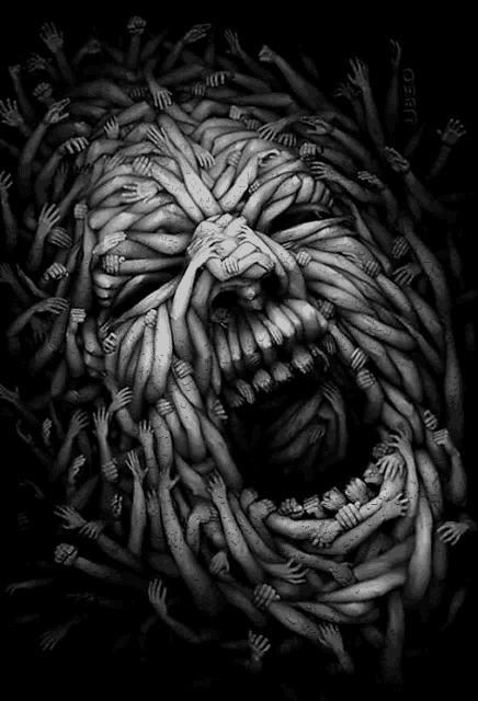 a black and white drawing of a monster with a lot of hands reaching out