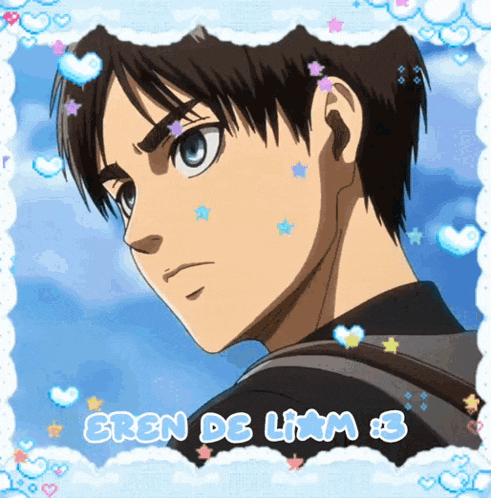 a picture of eren de liam with hearts and stars around him