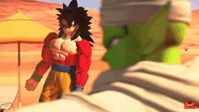 a cartoon character is standing next to a green cartoon character
