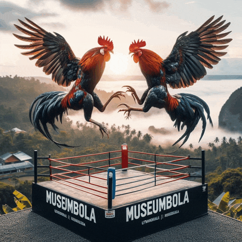 two roosters are fighting in a boxing ring that says museumbola on it