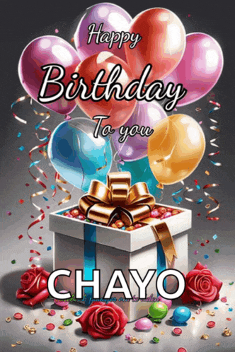 a birthday card with balloons and a gift box that says happy birthday to you chayo