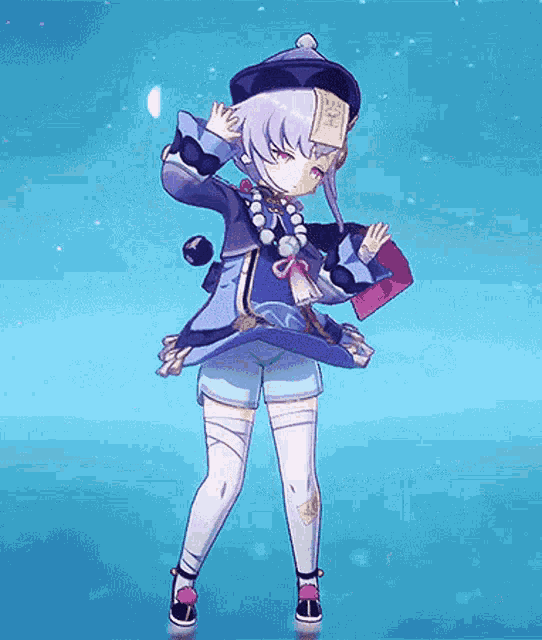 a girl with purple hair is standing in front of a blue background