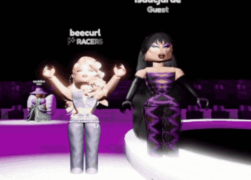 two dolls are standing on a stage with a sign that says " beecurl racers "