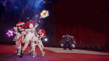 a group of anime girls are standing in front of a robot holding a kite that says ' rocket ' on it