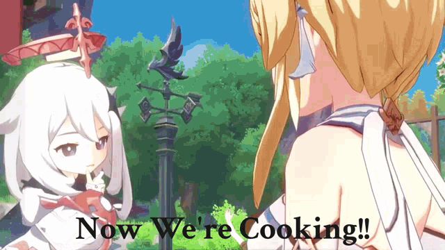two anime characters are standing next to each other with the words now we 're cooking behind them