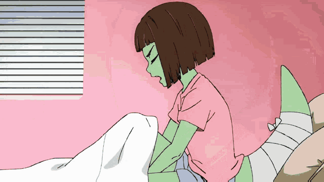 a cartoon drawing of a girl with green hair sitting on a bed