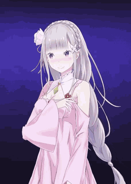 a girl with long white hair is wearing a pink dress with a flower in her hair