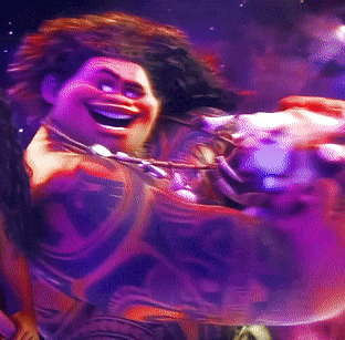 a cartoon character with a tattoo on his arm is smiling in a dark room