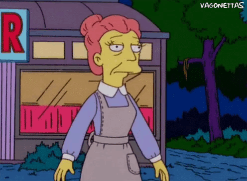a cartoon of a woman standing in front of a building with the letter r on it