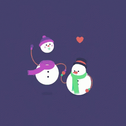 a couple of snowmen holding hands with a heart in the middle .