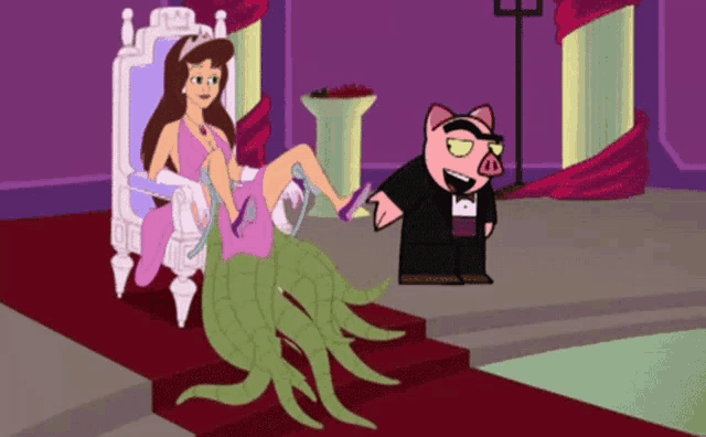 a cartoon of a woman sitting on a throne and a pig standing next to her