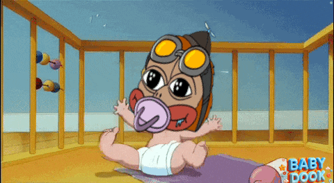 a cartoon of a baby wearing goggles and a pacifier with the words baby book behind him