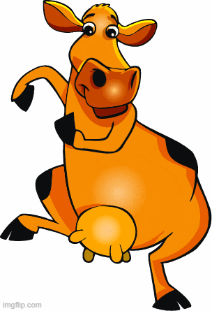 a cartoon cow is standing on its hind legs