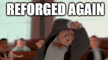 a man in a suit and bow tie is in a courtroom and the caption says reforged again
