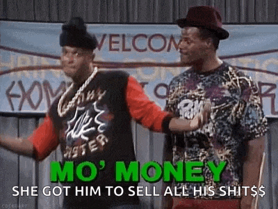 two men are standing next to each other in front of a sign that says `` she got him to sell all his shit $ '' .