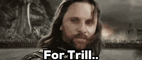 a man with long hair and a beard is looking at the camera with the words `` for or trill '' written above him .
