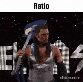 a man in a wrestling outfit is holding a guitar in front of a sign that says `` ratio '' .