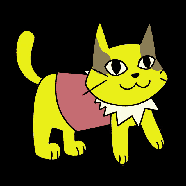 a cartoon drawing of a yellow cat with a pink collar