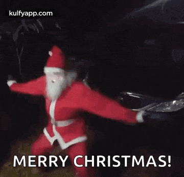 a man dressed as santa claus is dancing in front of a car and says merry christmas .