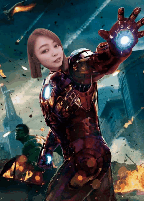 a painting of a woman in a iron man costume