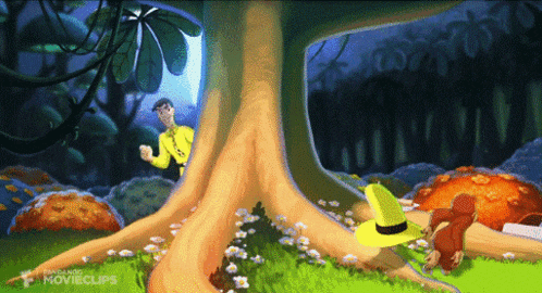 a cartoon of a man in a yellow shirt standing next to a tree that says movieclips on it
