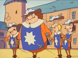 a group of cartoon characters standing in front of a building with one wearing a blue vest with a star on it