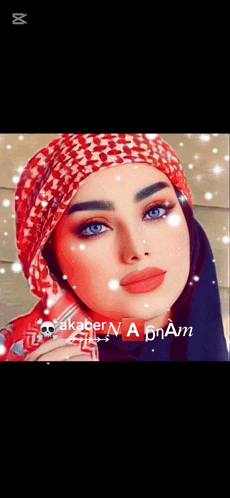 a close up of a woman 's face with the words akbar na dnam on the bottom right