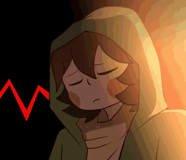 a cartoon character wearing a green hoodie with a red line behind him