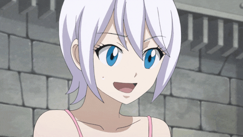 a cartoon girl with white hair and blue eyes
