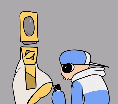 a cartoon of a man in a blue and white jacket looking at a yellow object