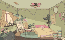 a drawing of a bedroom with a clock on the wall