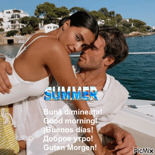 a picture of a man and a woman on a boat with the words summer in blue