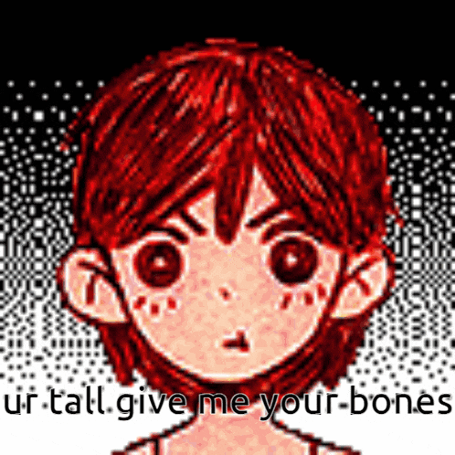 a pixel art of a boy with red hair and the words ur tall give me your bones below him