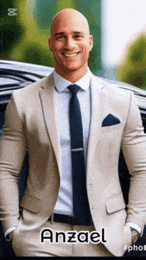 a bald man wearing a tan suit and tie is smiling
