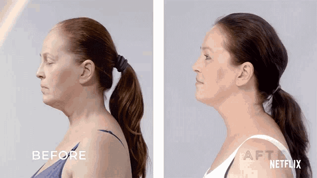 a woman 's face is shown before and after a netflix ad