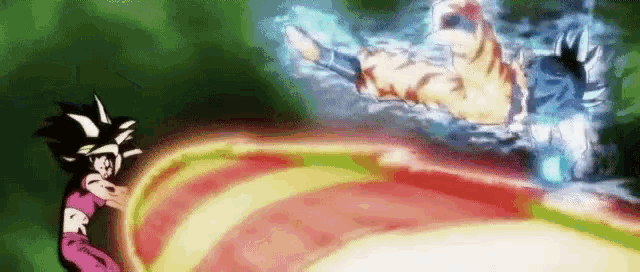 a woman is standing next to a man in a cartoon while he is flying through the air .