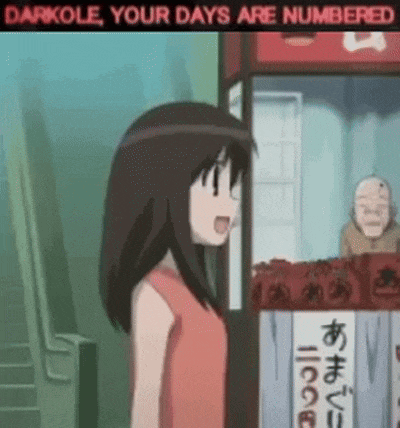 a girl in a red dress is standing in front of a kiosk that says darkole your days are numbered