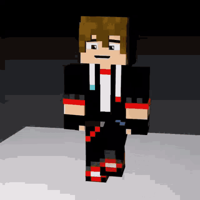 a minecraft character wearing a black jacket and red pants