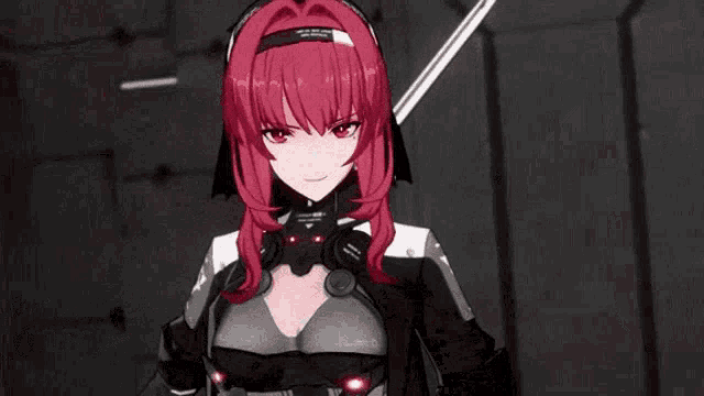 a girl with red hair is holding a sword