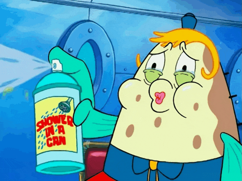 a cartoon character is holding a spray bottle that says shower in a can