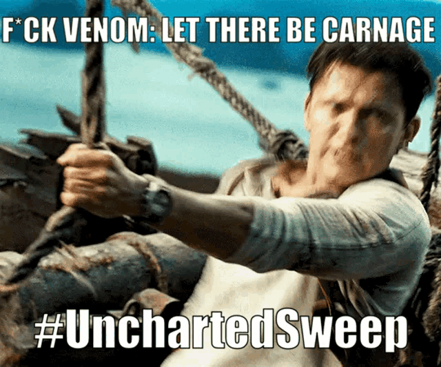a picture of a man holding a rope with the caption f * ck venom let there be carnage #unchartedsweep