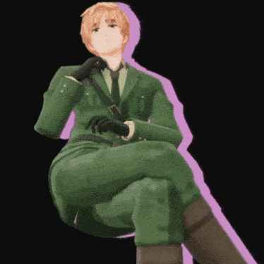 a man in a green suit and tie is sitting down with his legs crossed
