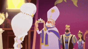 a man in a white hat is holding a crown in front of a statue of a woman .