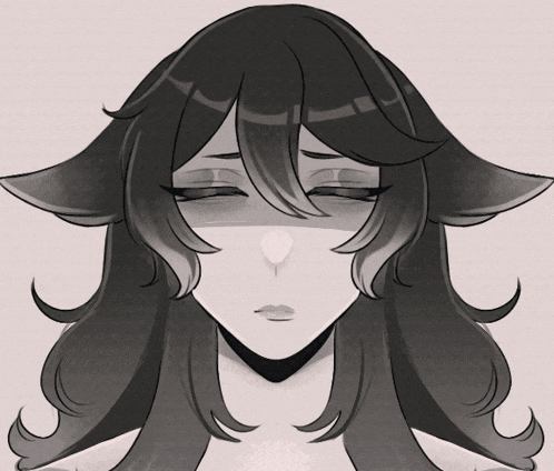 a black and white drawing of a girl with long hair and ears