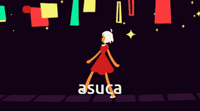 a girl in a red dress is dancing with the word asuca written below her