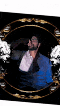 a man in a white shirt and tie is surrounded by tigers