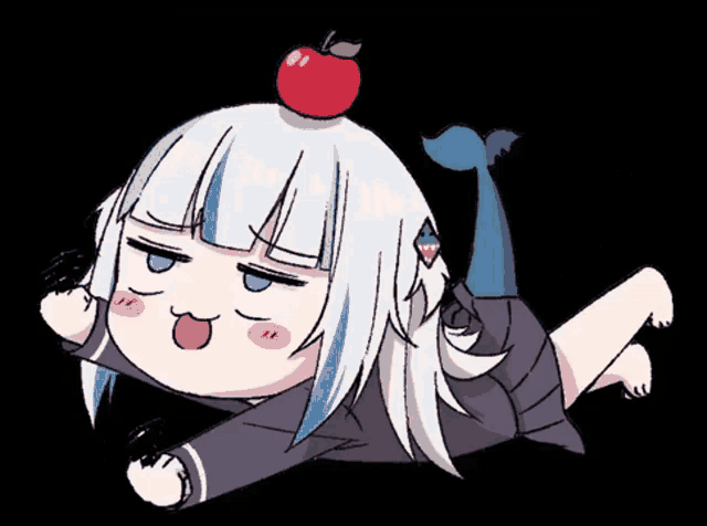 a girl with an apple on her head is laying down