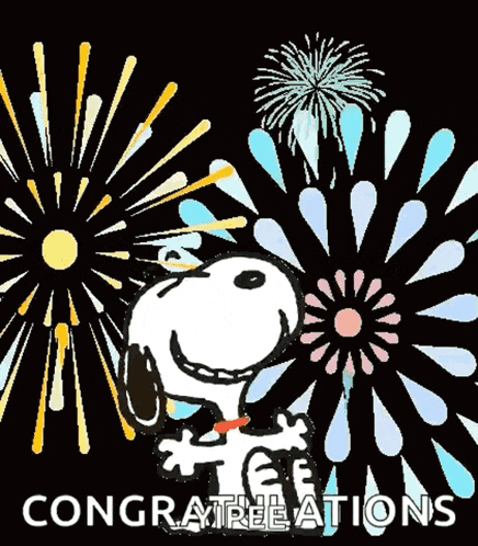 a congratulations card with snoopy and fireworks behind him