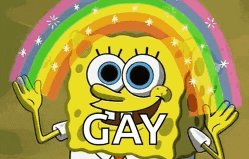 spongebob squarepants is standing in front of a rainbow and saying gay .